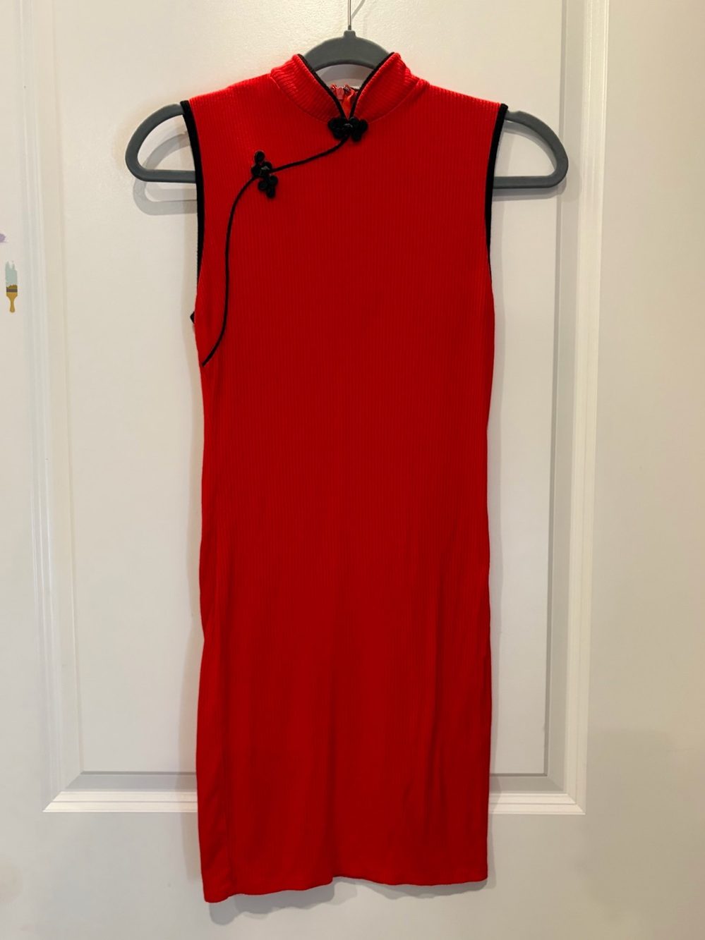 Sleeveless Red Mandarin Collar Dress with Black Trim